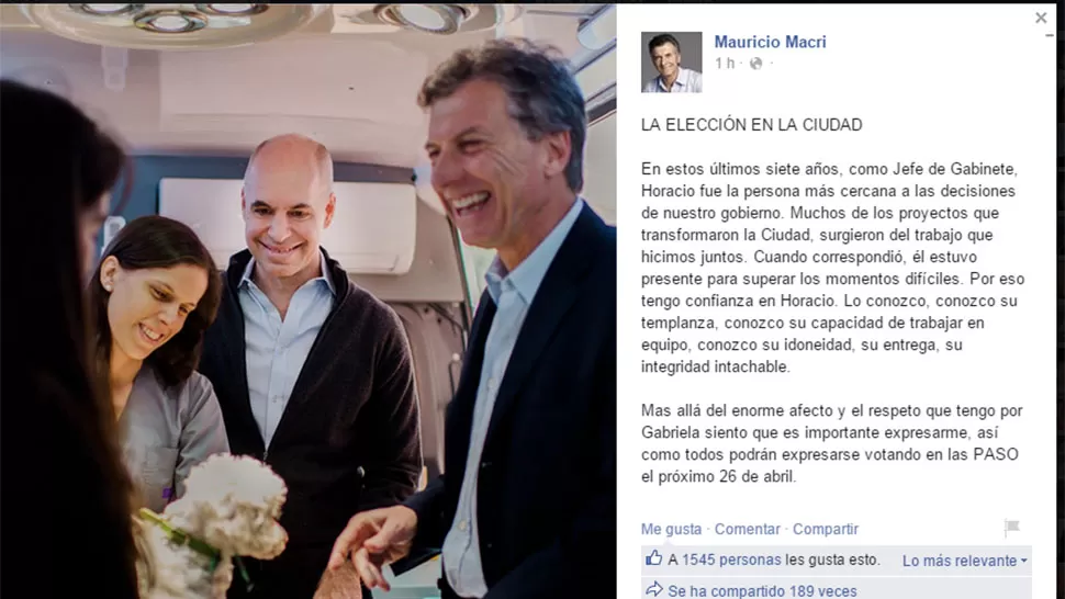 EL ANUNCIO. Macri utilizó Facebook para explicar su decisión. CAPTURA DE IMAGEN. 
