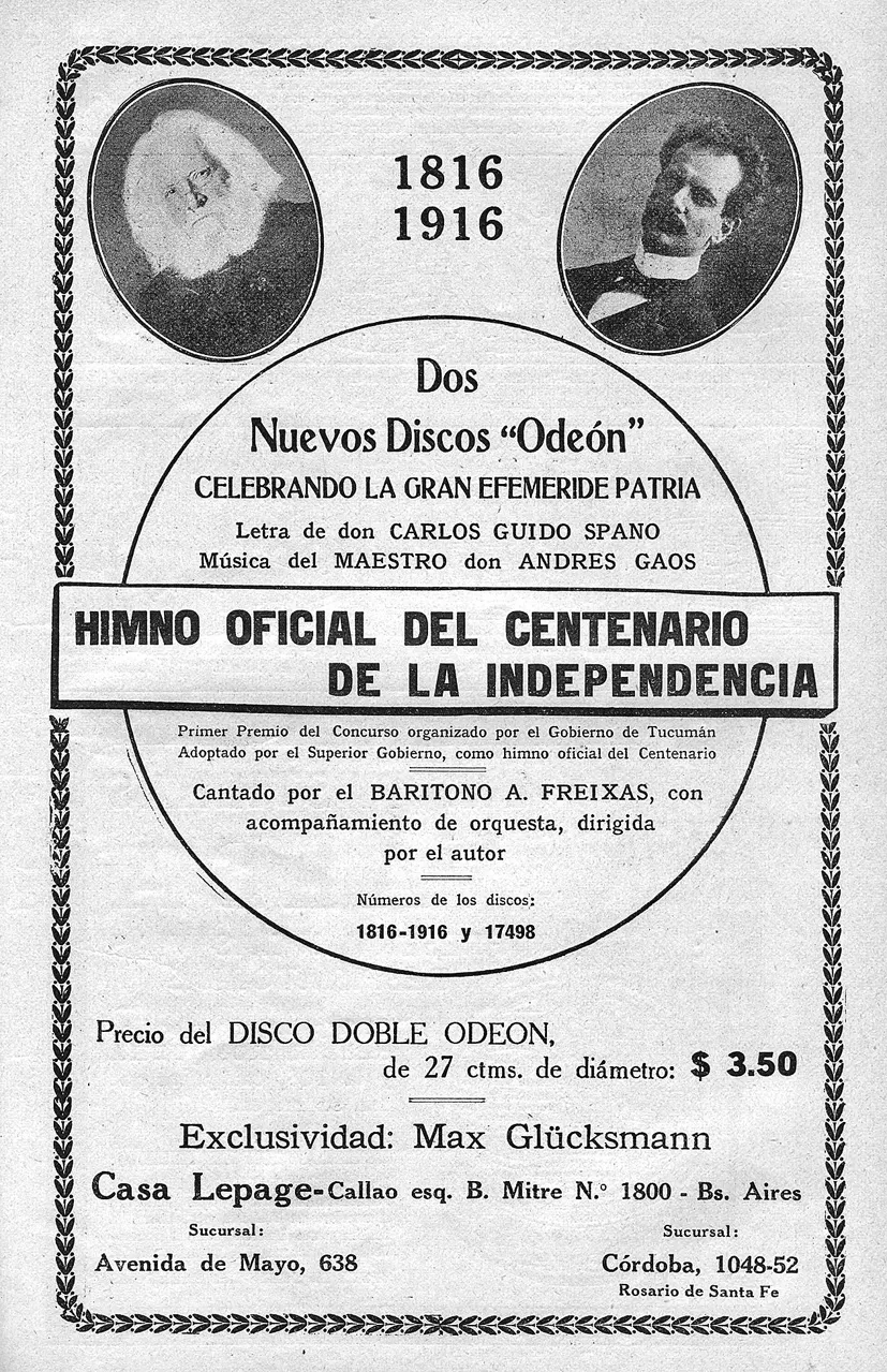 UN DISCO DOBLE. Aviso publicado en “Caras y Caretas” en 1916, publicitando la grabación del “Himno del Centenario”.  la gaceta / archivo