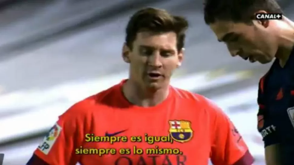 ENOJADO. El Canal + de la TV española mostró a Messi insultando al árbitro en el partido ante Celta de Vigo. FOTO CAPTURA DE VIDEO