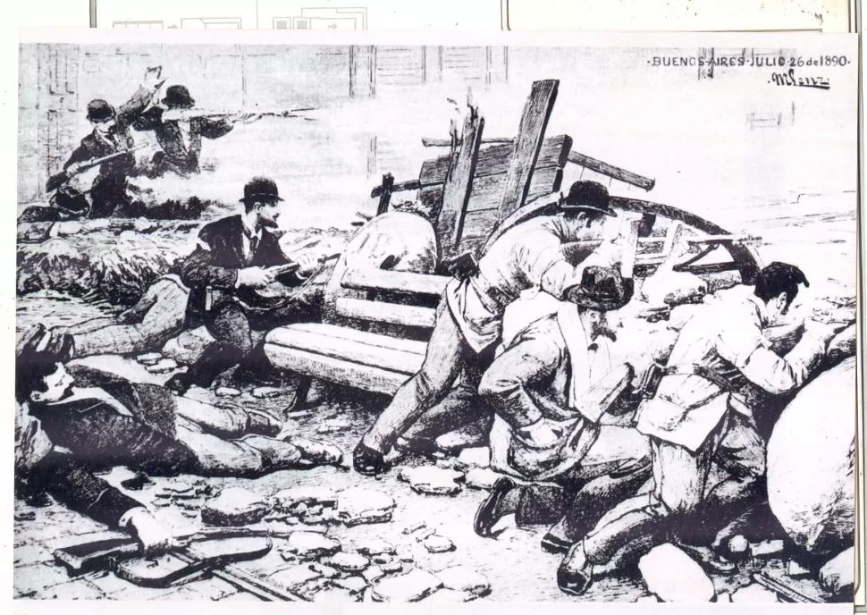LA REVOLUCIÓN DE 1890. Una escena de violento combate callejero, según un dibujo de ese año, obra de Lenz, en “El Sudamericano”. 