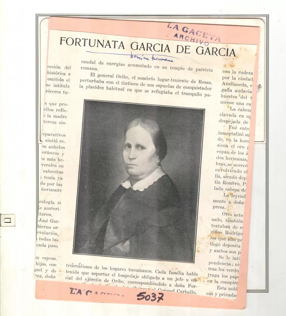 FORTUNATA GARCÍA DE GARCÏA. La dama tucumana que sacó de la pica la cabeza de Avellaneda.