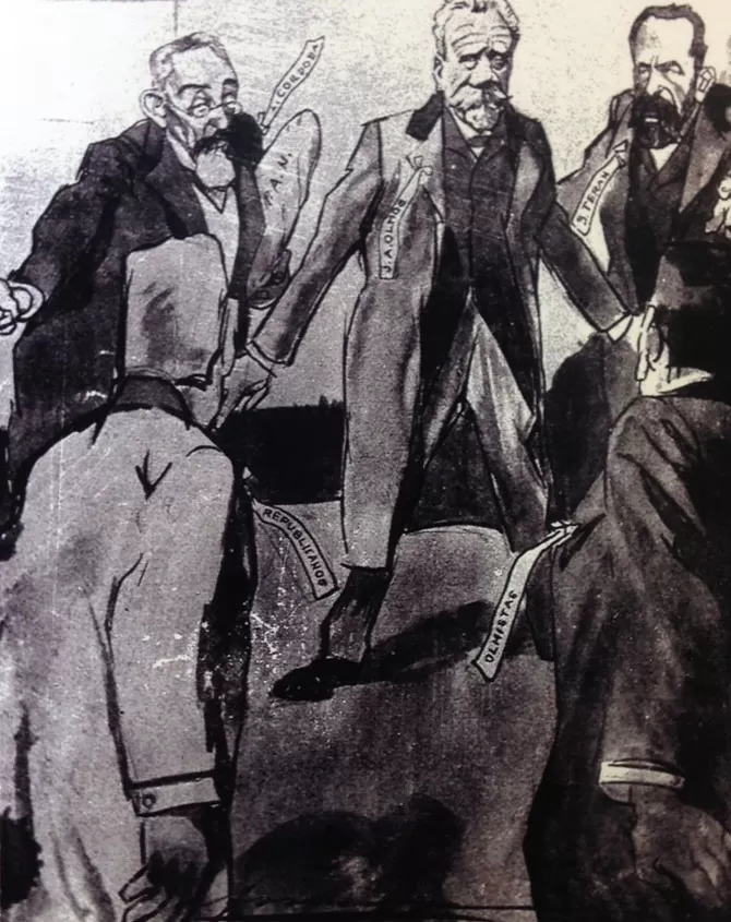 JOSÉ ANTONIO OLMOS. El gobernador Olmos, al centro, flanqueado por Lucas Córdoba y Brígido Terán, en una caricatura de 1904 de “Caras y Caretas”.   la gaceta / archivo