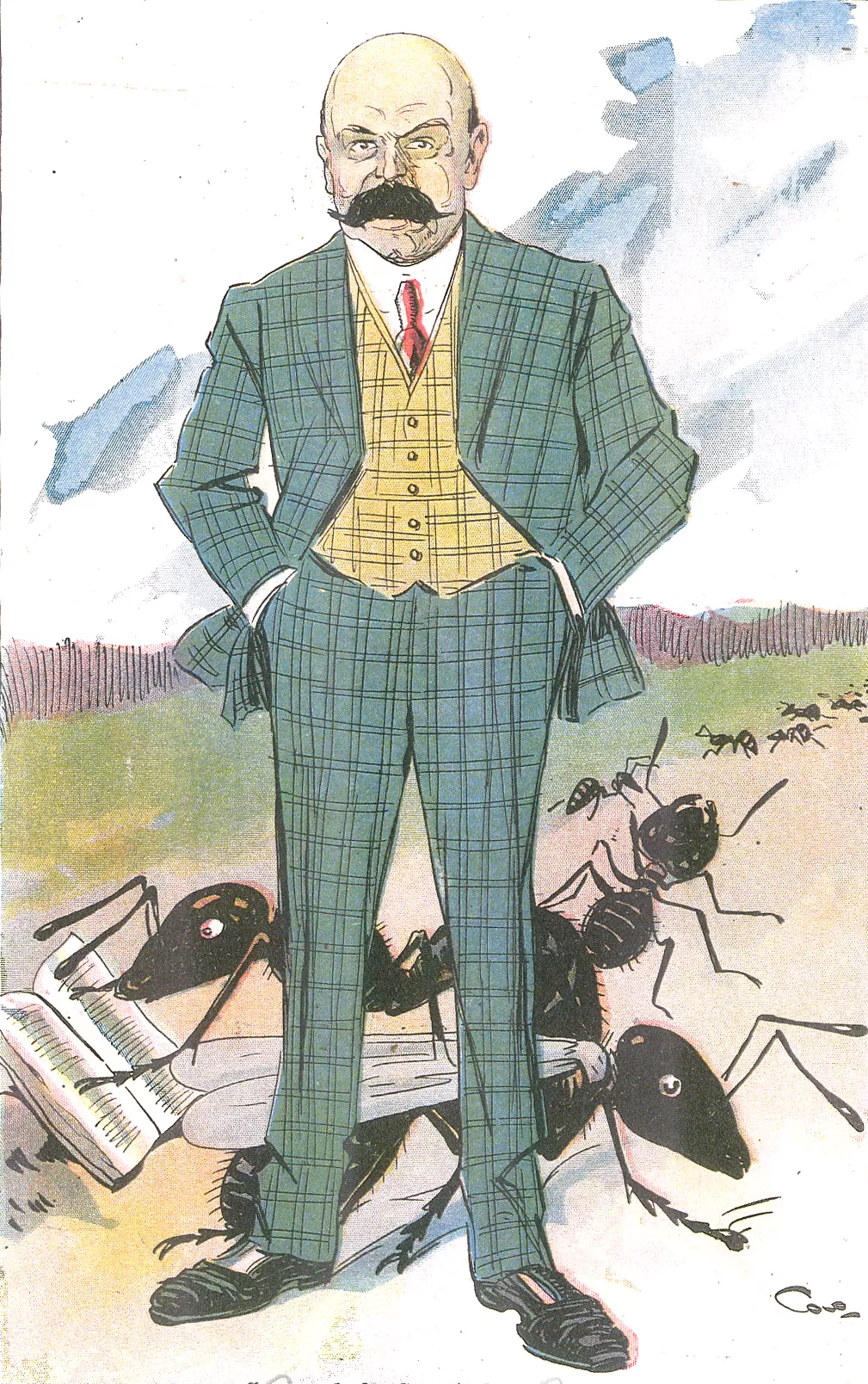 ÁNGEL GALLARDO. Una caricatura de 1916 en “Fray Mocho”, muestra a Gallardo rodeado de esas hormigas a las cuales había dedicado importantes investigaciones la gaceta / archivo
