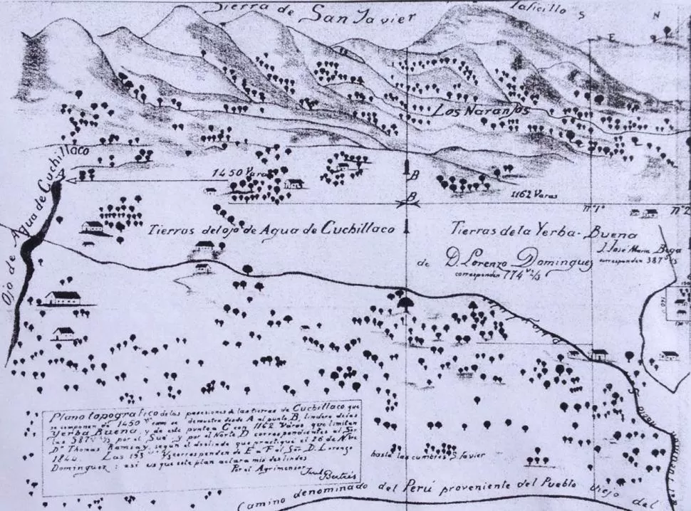 ANTIGUO PLANO. Las “tierras de la Yerba Buena” aparecen a la derecha, en este plano de 1844 del agrimensor Felipe Bertrés, para deslindar “El Ojo de Agua de Cuchillaco” la gaceta / archivo