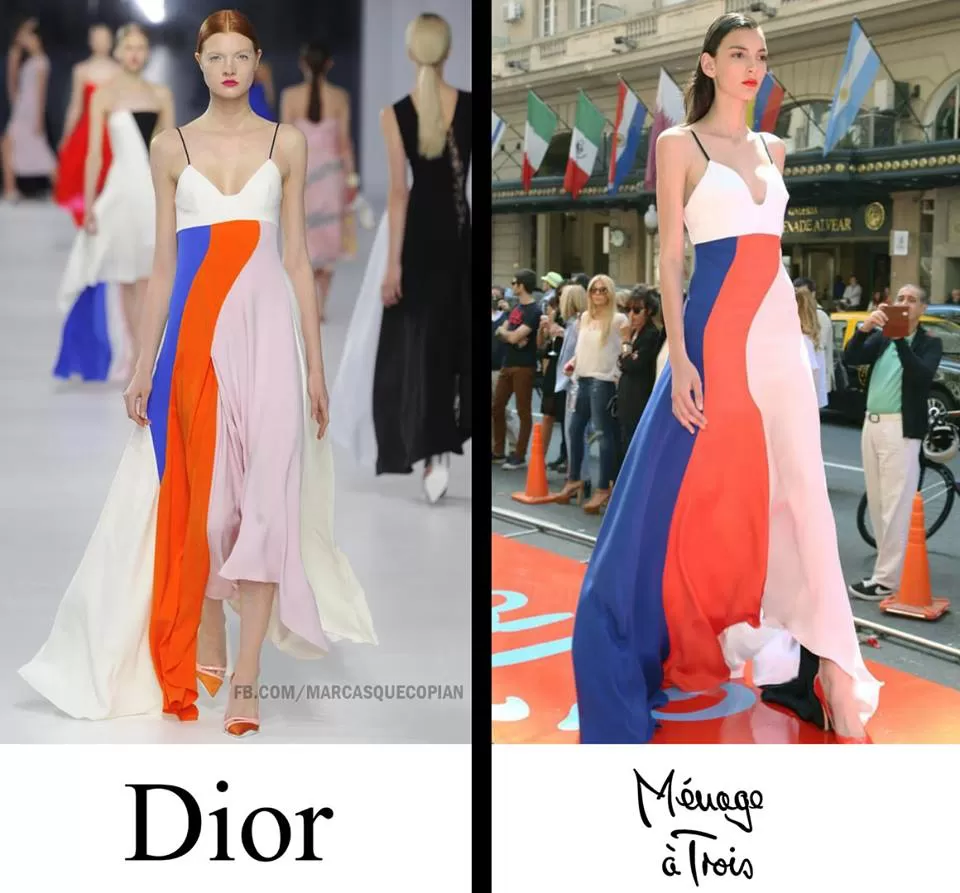• 1- Dior (izq.) presentó el vestido en 2013. Ménage à Trois, en 2014. FOTOS DE FACEBOOK.COM/MARCASQUECOPIAN