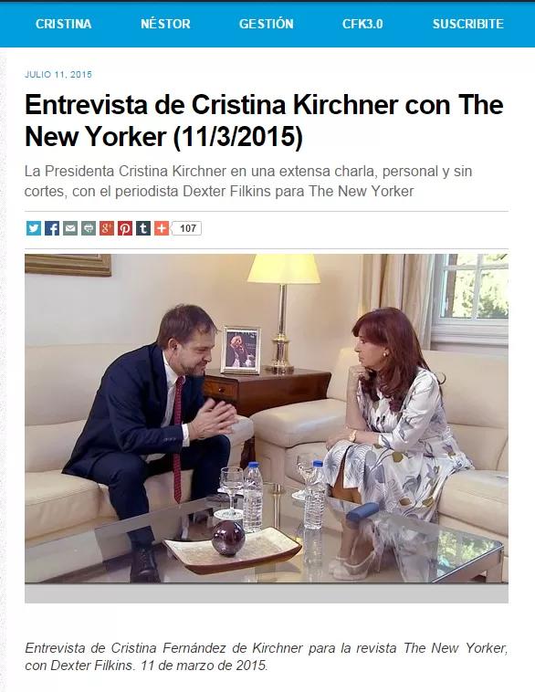 EN OLIVOS. Dexter Filkins, periodista de The New Yorker, entrevistó a Cristina en marzo pasado. twitter / cfkargentina