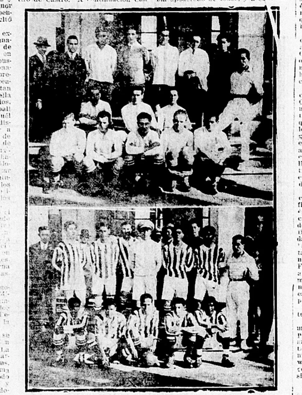 LOS EQUIPOS. El seleccionado nacional con sus mejores figuras (arriba) poco antes del encuentro y los “santos” a la espera del pitazo inicial en aquel 9 de Julio de 1925, 