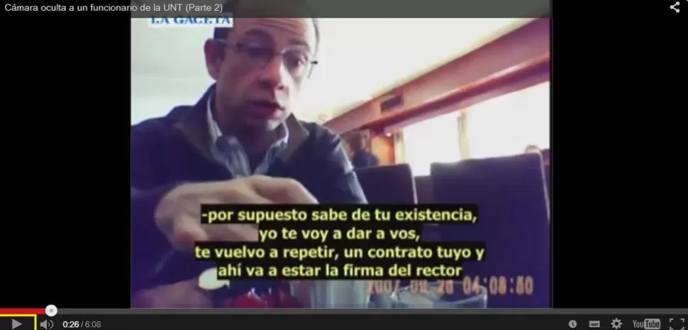 EN INTERNET. El video que muestra a Moreno cuando habría ofrecido contratos a cambio de votos por la dupla Cerisola-Bardón aún puede verse en YouTube.  