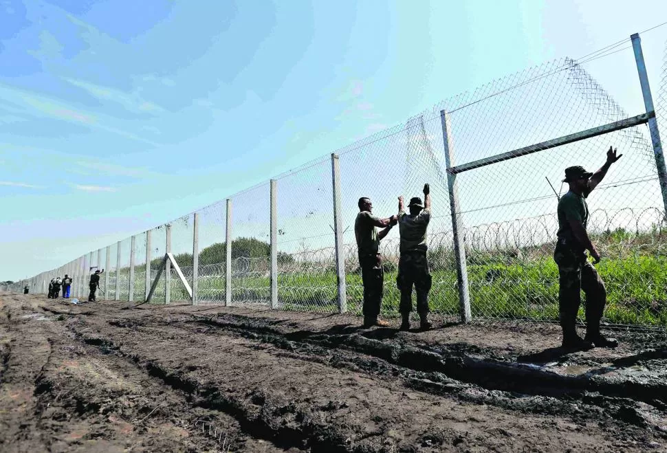 EN LA FRONTERA. Soldados húngaros levantan una valla en la ciudad de Morahalom, cerca de la frontera con Serbia, para impedir el ingreso de refugiados, que pretenden llegar a los países del Norte de Europa. reuters
