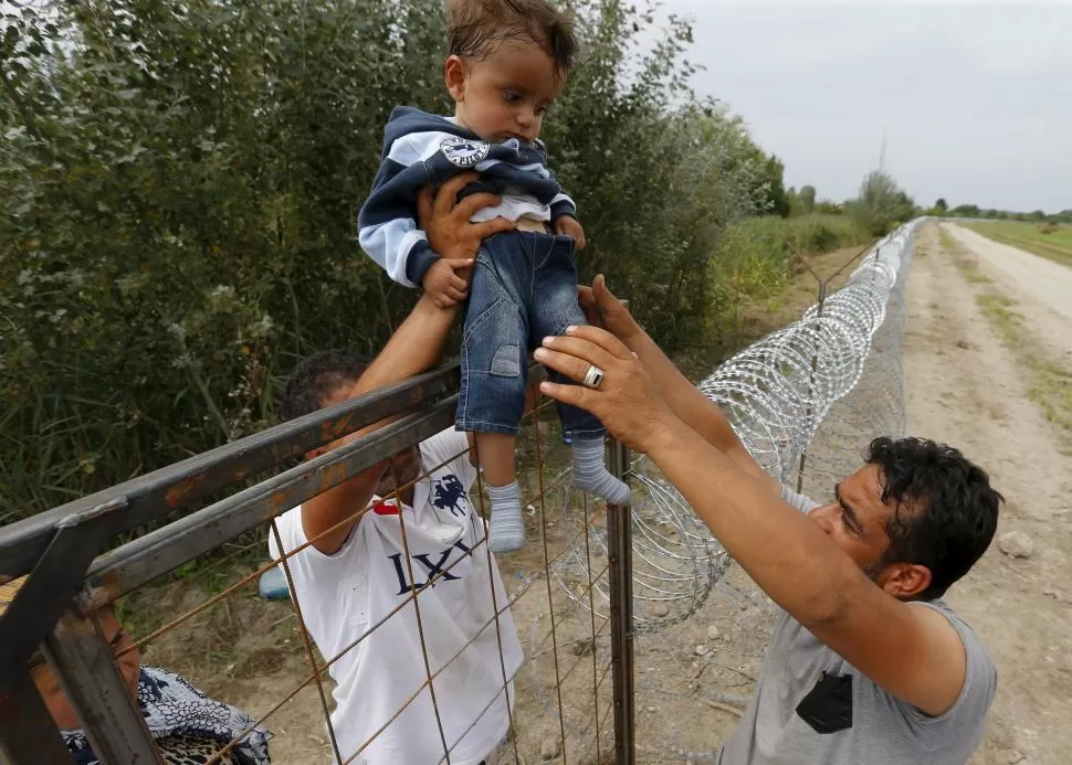 VIAJE. Inmigrantes kurdos-sirios en tránsito hacia el Norte de Europa, pasan a un niño sobre la cerca que construyó Hungría, en su frontera con Serbia. reuters