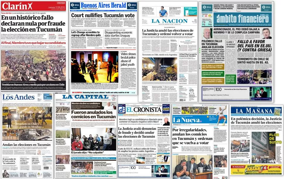 Las tapas de los diarios del país hablan de la anulación de los comicios en Tucumán