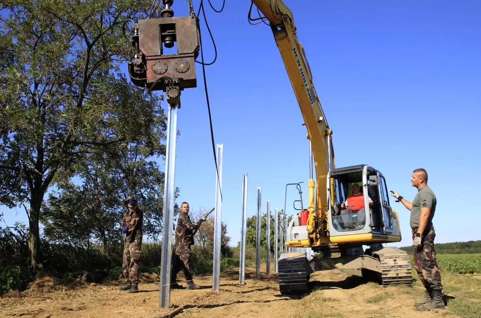 EN BEREMEND. Soldados húngaros instalan los postes que sostendrán la alambrada, en la frontera con Croacia. reuters