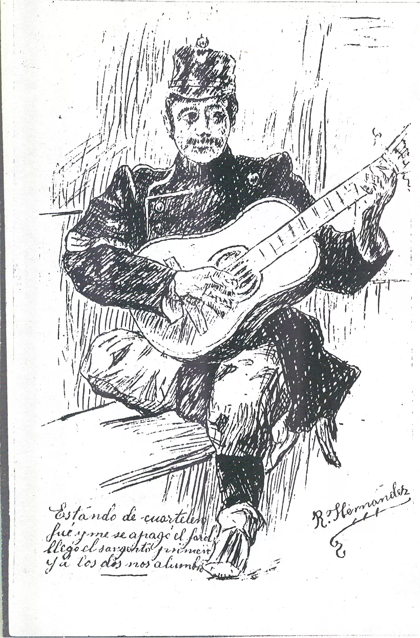 DIBUJO JOCOSO. Rafael Hernández firmó este dibujo de un soldado que toca la guitarra. Lleva una cuarteta al pie. LA GACETA / ARCHIVO.