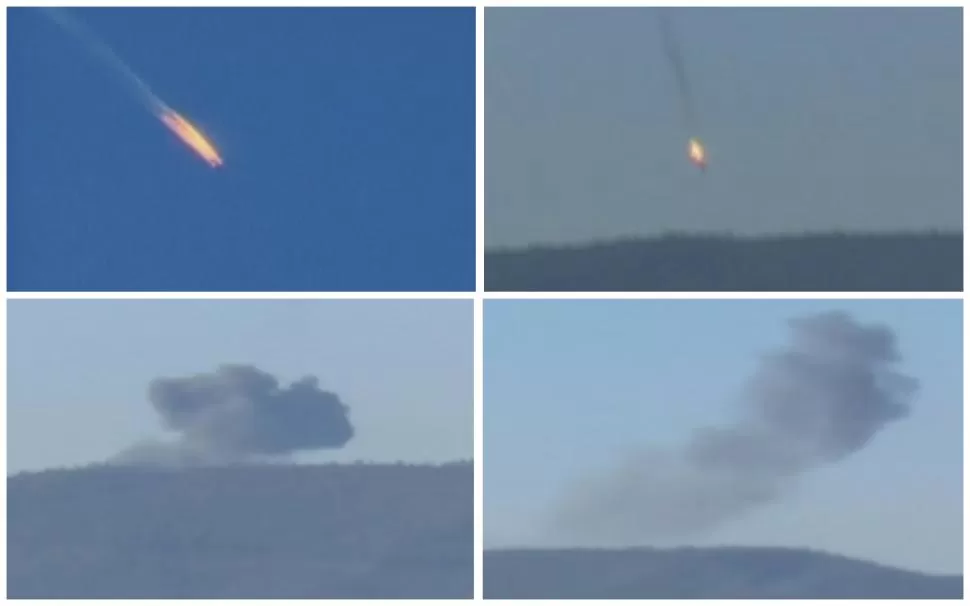 IMPACTO Y DERRIBO. El avón  militar ruso cae en llamas luego de ser atacado por milicianos turcos al sur del país en la frontera turco-siria.  reuters
