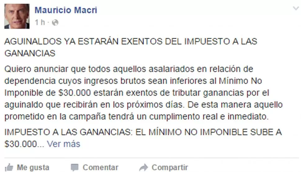 A TRAVÉS DE LAS REDES SOCIALES. El sábado, por la noche, Macri puso en dudas el anuncio. Ayer volvió sobre sus pasos y anunció el beneficio a través de su cuenta en Facebook.  