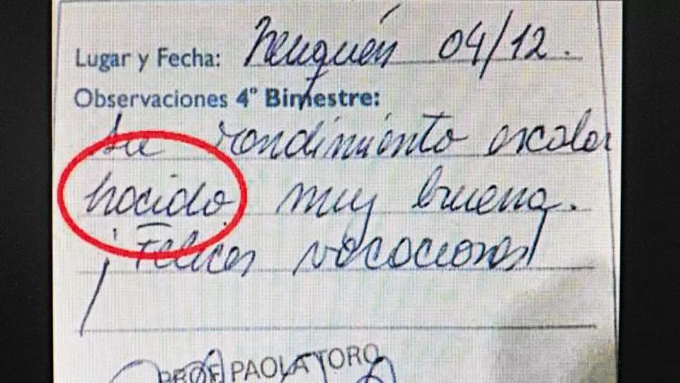 POLÉMICA. El mensaje de una maestra a un alumno, con el error de ortografía. FOTO TOMADA DE LMNEUQUEN.COM