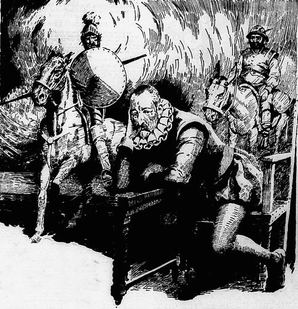 EVOCACIÓN CLÁSICA. Don Miguel de Cervantes Saavedra en su más difundida actitud de pensante. Atrás, sus personajes, o mejor dicho la raza inmortal corporizada en el personaje legendariamente magnífico: Don Quijote en primer término; y luego, Sancho. (Ilustración de Ricardo Saravia) 