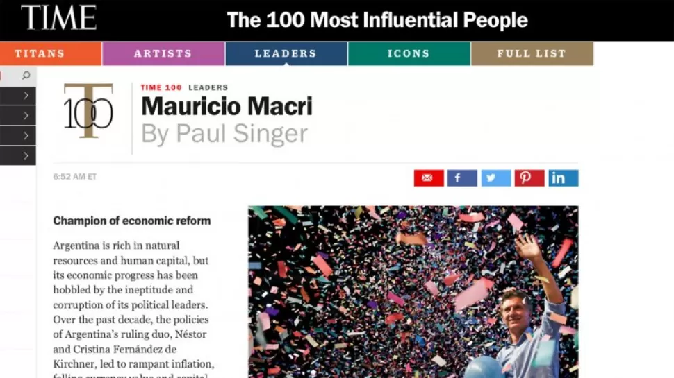 REVISTA TIME. La imagen muestra algunas líneas del artículo escrito por Singer sobre Macri. FOTO TOMADA DE INFOBAE.COM