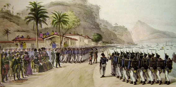 FUERZAS INVASORAS. Las tropas del Brasil listas para marchar sobre la Banda Oriental, en una pintura de Jean Baptiste Lebret. 