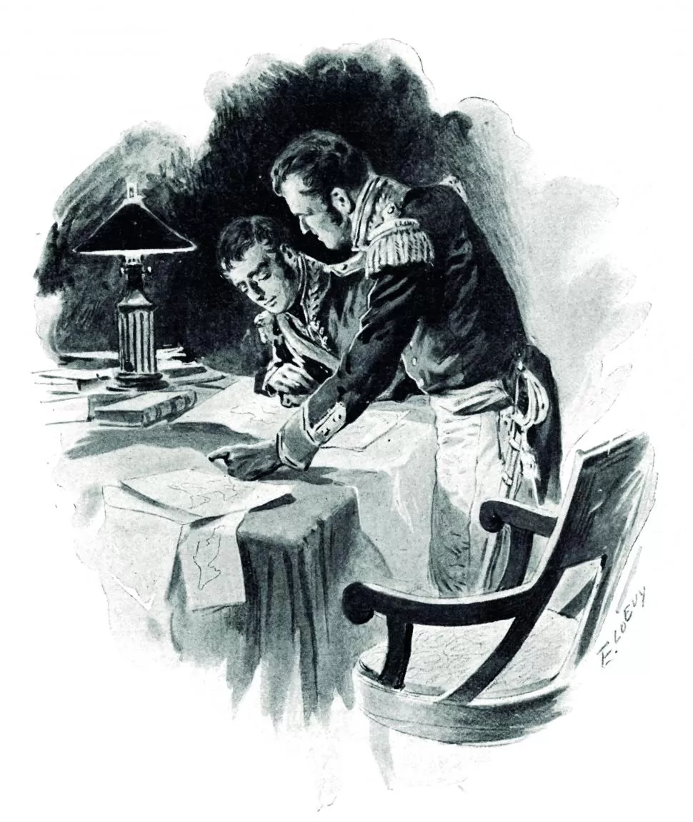 CONVERSACIÓN A SOLAS. La entrevista de José de San Martín y Juan Martín de Pueyrredón, en una ilustración de Francisco Fortuny. 