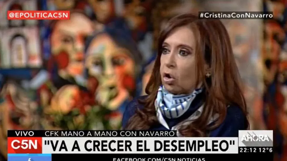 CRISTINA FERNÁNDEZ. La ex mandataria, durante la entrevista. FOTO TOMADA DE MINUTOUNO.COM