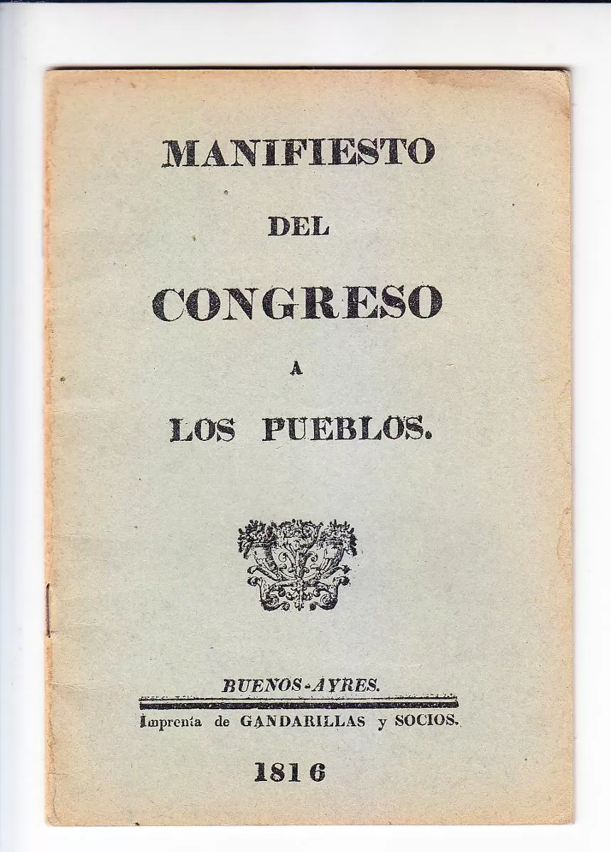 IMPORTANTE DOCUMENTO. Portada de la edición del “Manifiesto del Congreso a los Pueblos”, impresa por Gandarillas 