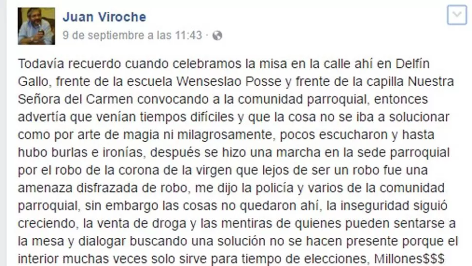 Esto está poniéndose muy feo, escribió el padre Viroche en su última publicación en Facebook
