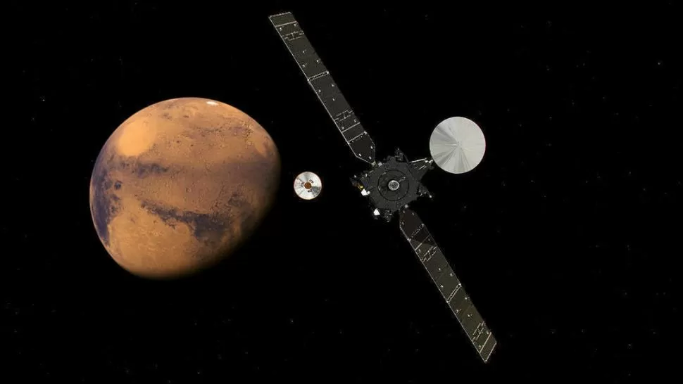 NAVEGANDO EL ESPACIO. El Satélite de Investigación TGO y el módulo espacial Schiaparelli, que debería ingresar hoy a la atmósfera marciana. esa.int
