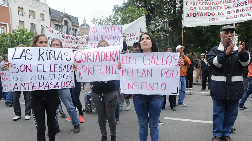 MANIFESTACIÓN. Los galleros llevaron pancartas para pedir que se levante la medida cautelar que suspende las riñas de gallos en Tucumán. LA GACETA / FOTOS DE FRANCO VERA