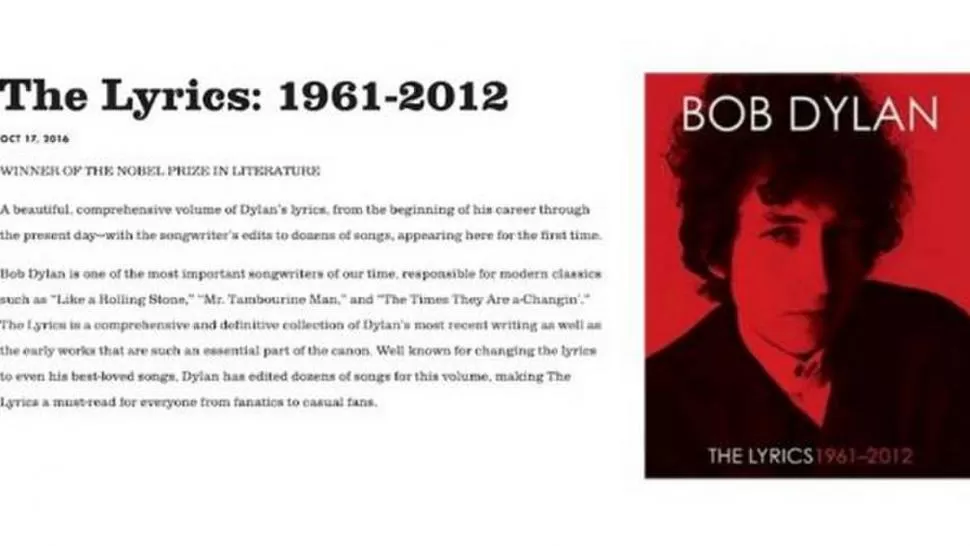 PÁGINA OFICIAL. El libro sobre las letras de canciones de Dylan con la leyenda de que es ganador del Nobel. 