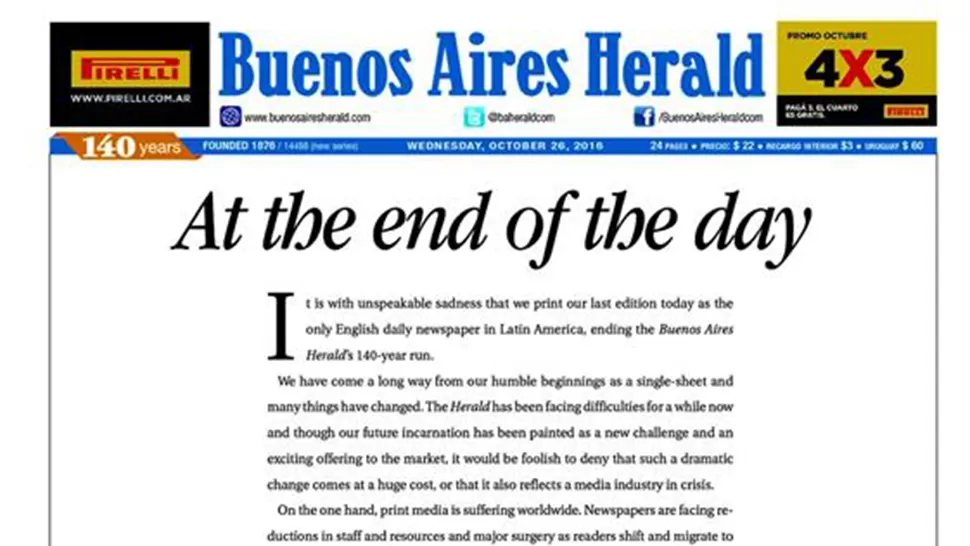 ÚLTIMO DÍA. El Buenos Aires Herald se despidió en una editorial de la edición diaria. FOTO TOMADA DE LANACION.COM.AR