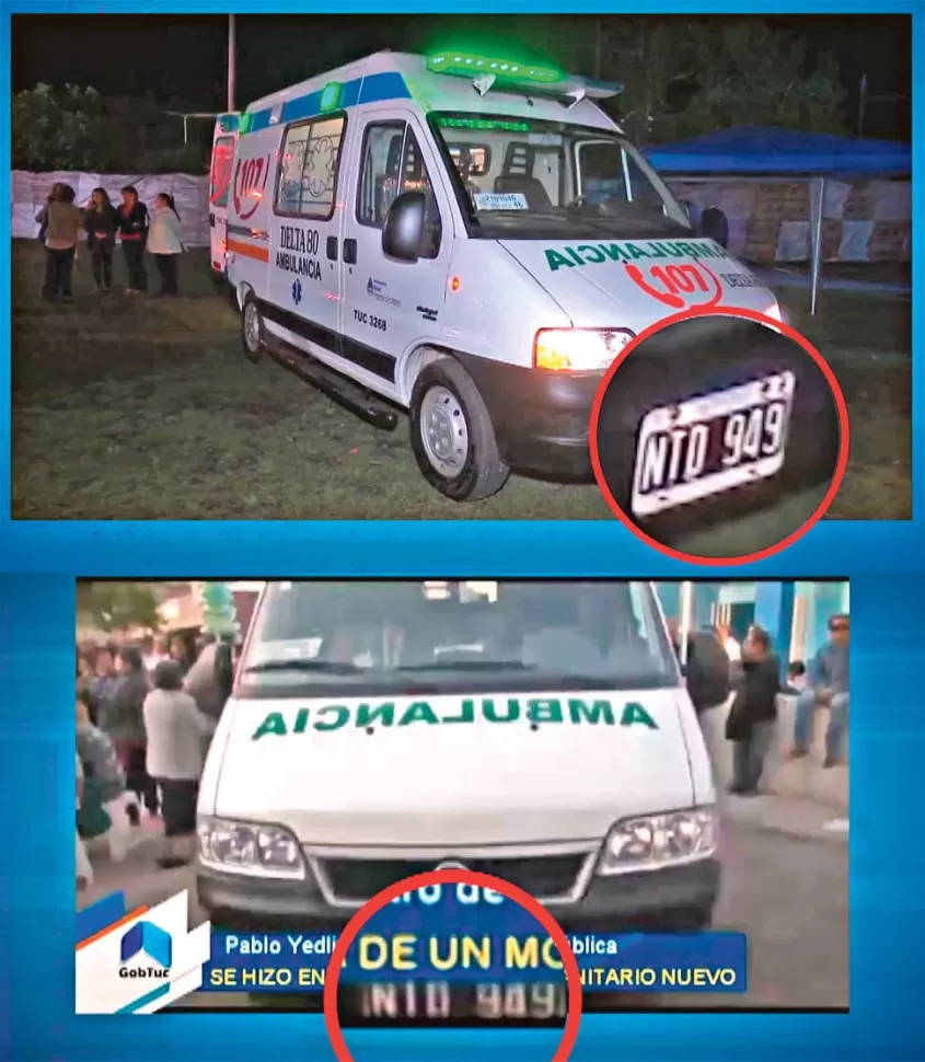 AGOSTO DE 2014 y OCTUBRE DE 2016. La ambulancia que entregó Alperovich en Arcadia hace dos años(arriba) y la que entregó ahora Manzur (abajo). El vehículo tiene la misma patente que el anterior.