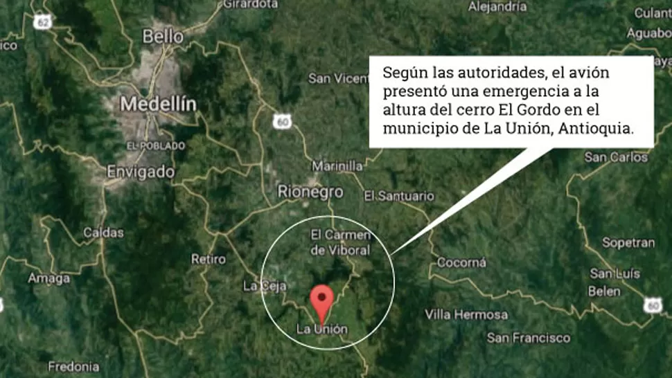 EL LUGAR DEL ACCIDENTE. El mapa muestra el sitio en el que cayó el avión. IMAGEN TOMADA DE ELTIEMPO.COM