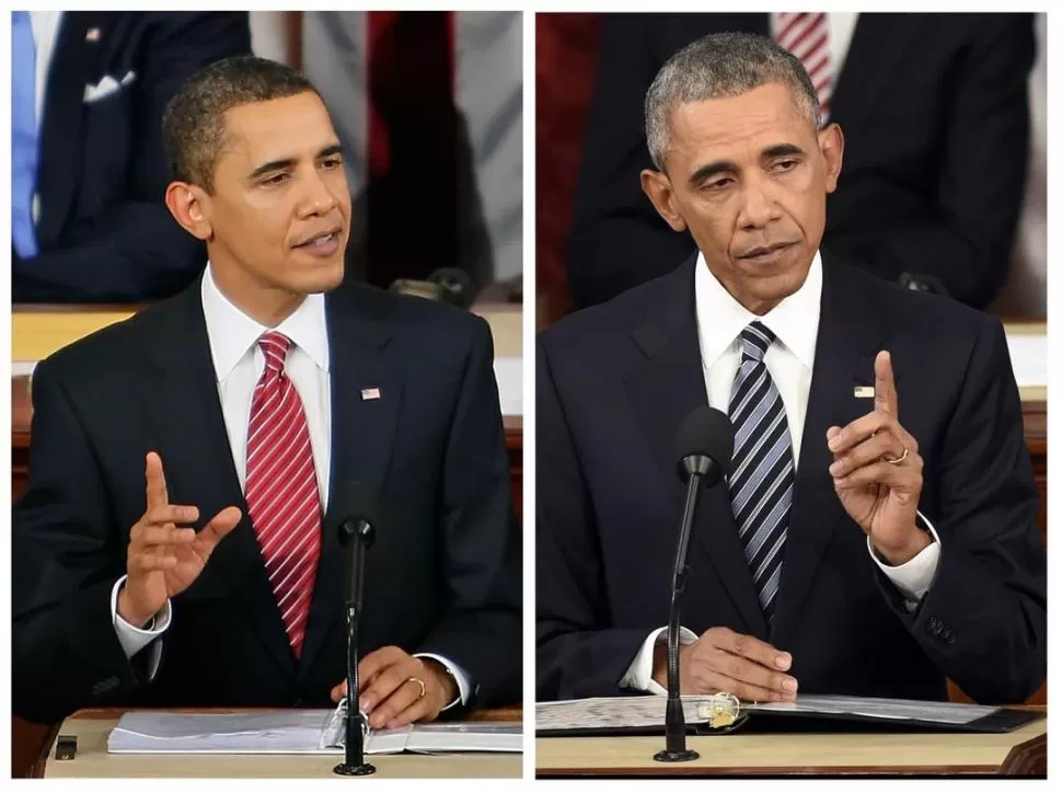 MÁS CANAS Y ARRUGAS. Obama cuando asumiera la presidencia en 2008, y en su último discurso en Chicago, donde se despidió del cargo. foto de archivo 