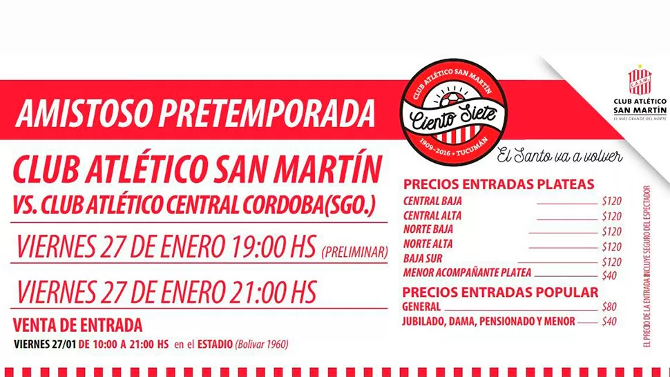 San Martín anunció la venta de entradas para el amistoso en La Ciudadela