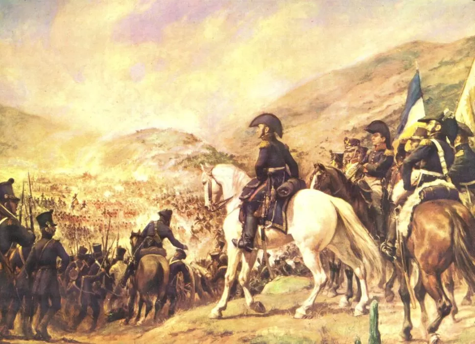 LA BATALLA DE CHACABUCO. En el célebre cuadro de Subercaseaux, aparece en primer plano el general José de San Martín con su Estado Mayor. 