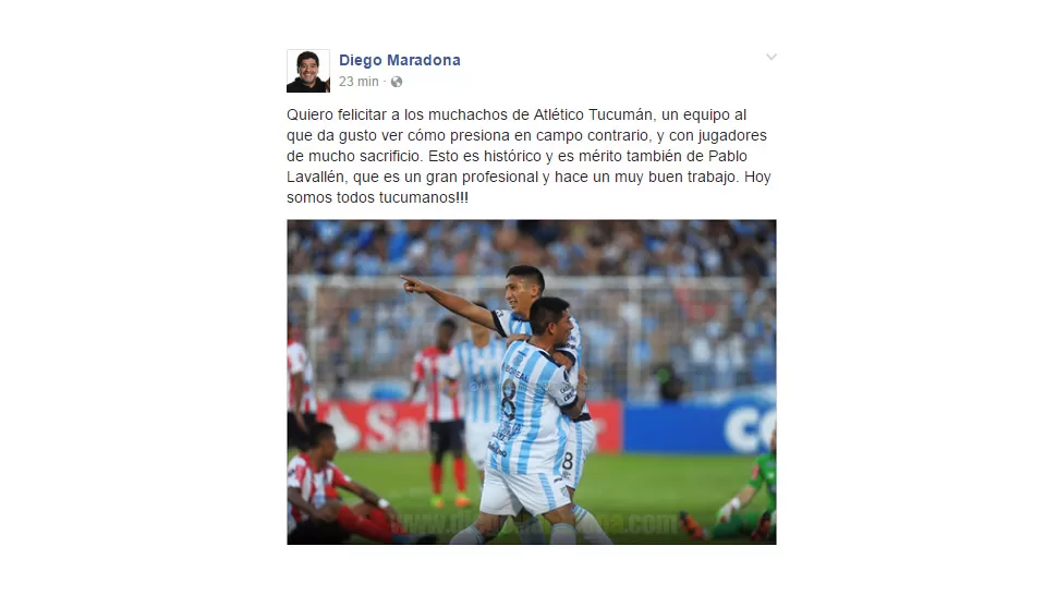 Hasta Maradona festejó la clasificación de Atlético: somos todos tucumanos