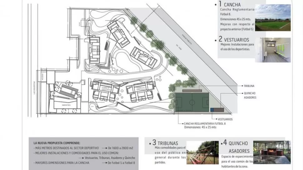 PROPUESTA. En el plano se puede observar la propuesta de los empresarios, que construirían un club en una esquina del terreno del futuro barrio.  