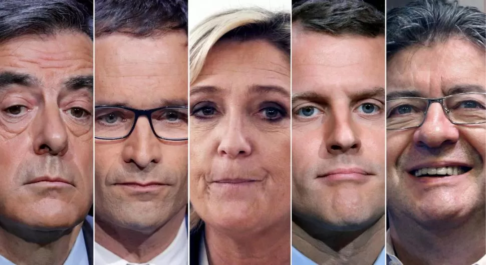 DE IZQUIERDA A DERECHA. Francois Fillon, Benoit Hamon, Marine Le Pen, Emmanuel Macron y Jean-Luc Melenchon, pueden pasar a la segunda vuelta. reuters