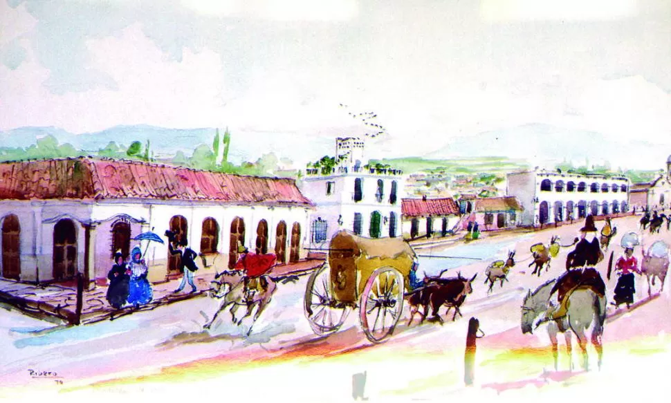 LA CALLE DEL CABILDO. La 25 de Mayo primera cuadra, en la época colonial, reconstruida en una acuarela de Gustavo Ribero. 