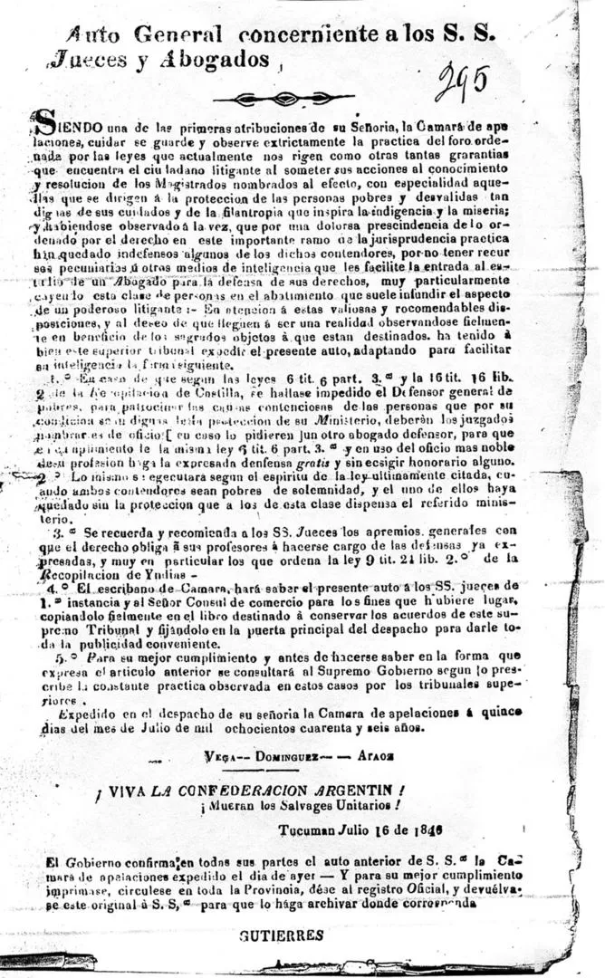 “AUTO PARA JUECES Y ABOGADOS”. Impreso, en hoja suelta, de la disposición de la Cámara de Apelaciones de Tucumán de 1846. 