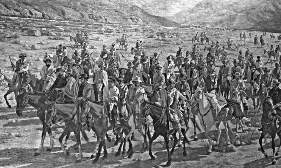 UNA PENOSA MARCHA. En el célebre óleo de Blanes, a la derecha, se ve cruzado sobre un caballo blanco y cubierto por la bandera, el cadáver de Lavalle que sus soldados llevan rumbo a Potosí. 