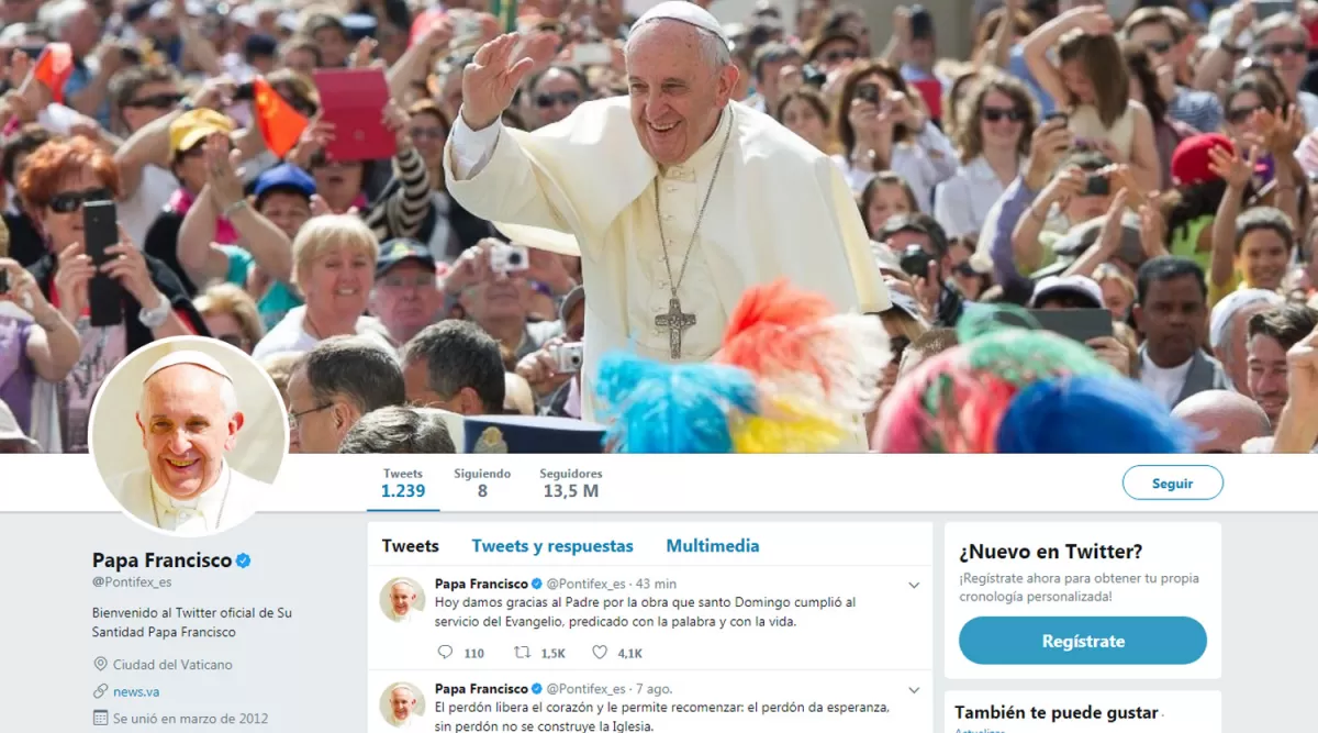 Líder también en las redes, el Papa es el usuario con  más seguidores en Twitter