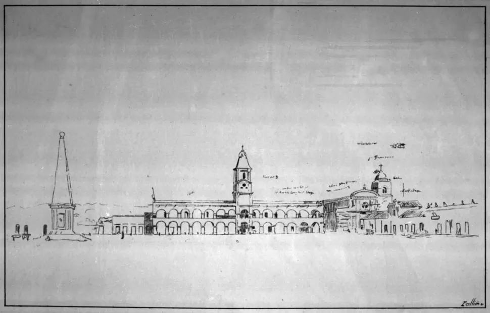 IMAGEN DE 1858. En el dibujo de Juan León Palliere, aparecen, desde la izquierda, la pirámide, el Cabildo y el templo de San Francisco. 