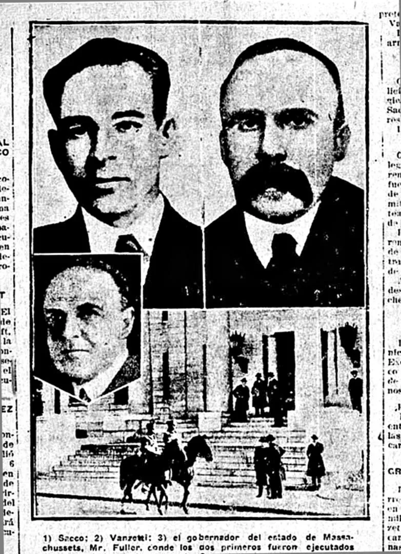 PROTAGONISTAS. Los dos ejecutados, Sacco y Vanzetti, debajo el gobernador de Massachusetts, Alvan Fuller, y más abajo la Casa de la Muerte, donde fueron ejecutados.