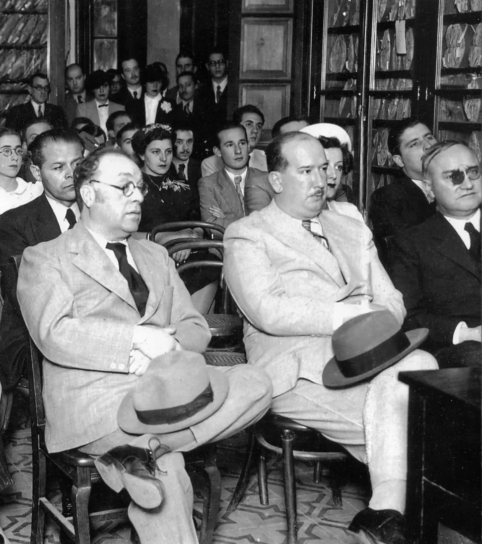 MANUEL GARCÍA MORENTE. En una conferencia en Tucumán, desde la izquierda, aparecen el filósofo español y los doctores Norberto Antoni y Alberto Rougés, en 1938. 