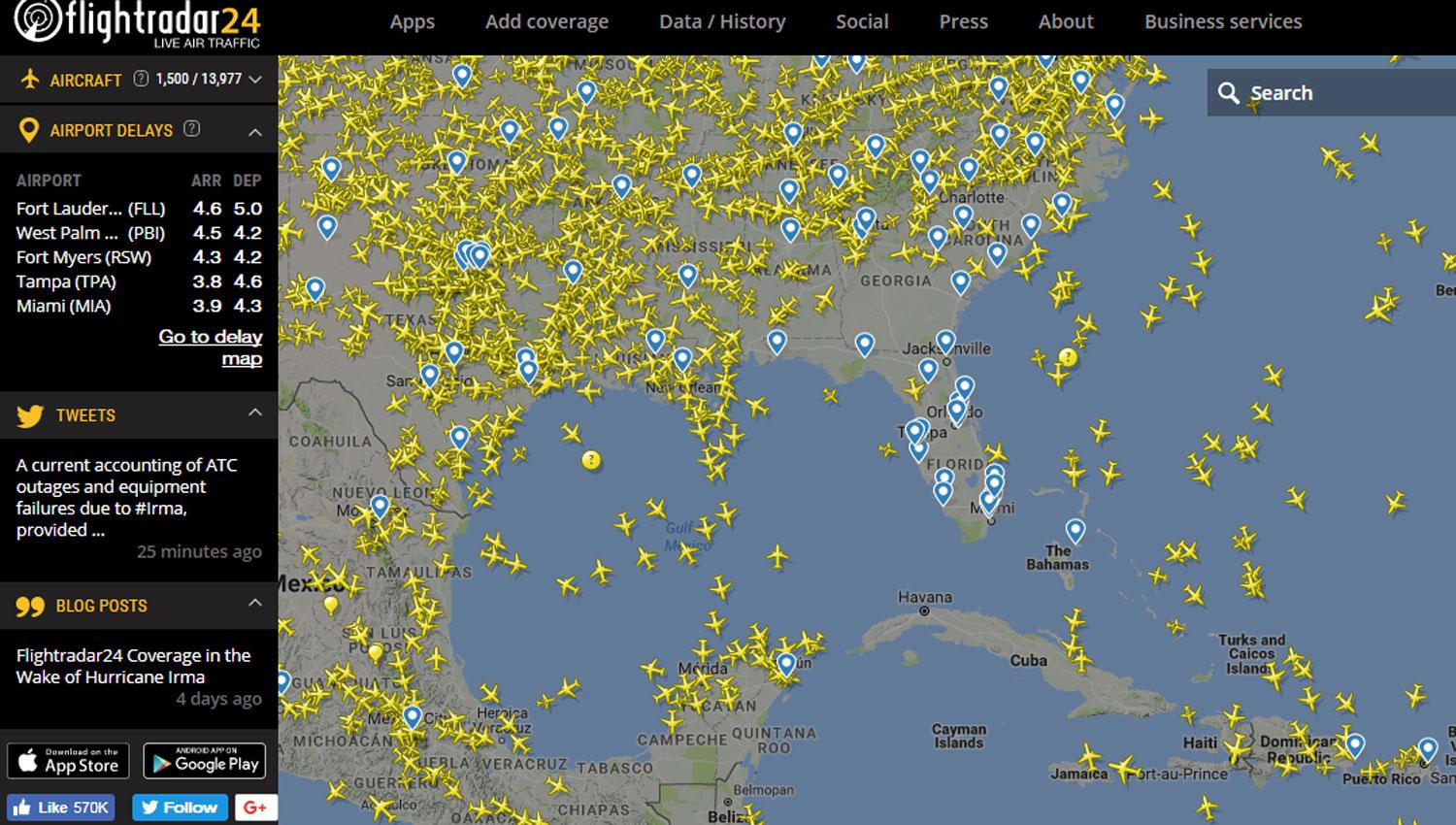RADARES AÉREOS. En la imagen de radar se observa que en la península de Florida no hay vuelos. CAPTURA DE FLIGHTRADAR24