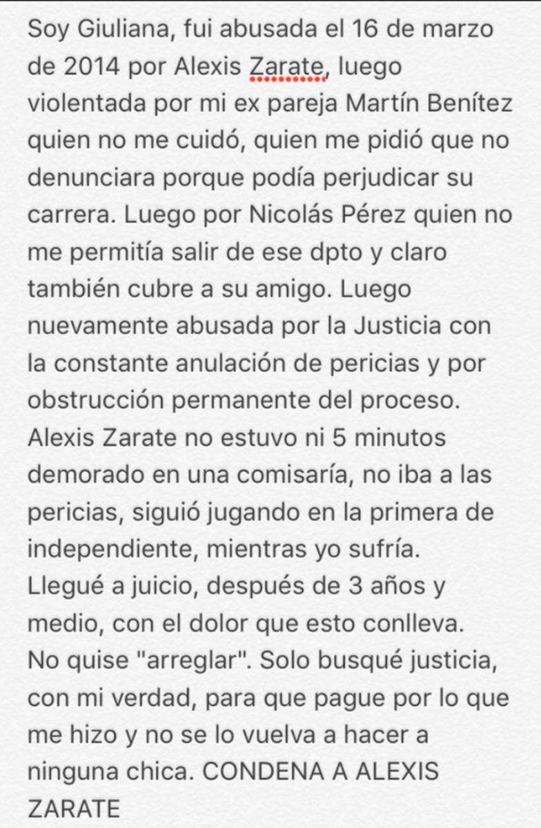 La carta de Giuliana Peralta, la joven que denunció a Alexis Zárate