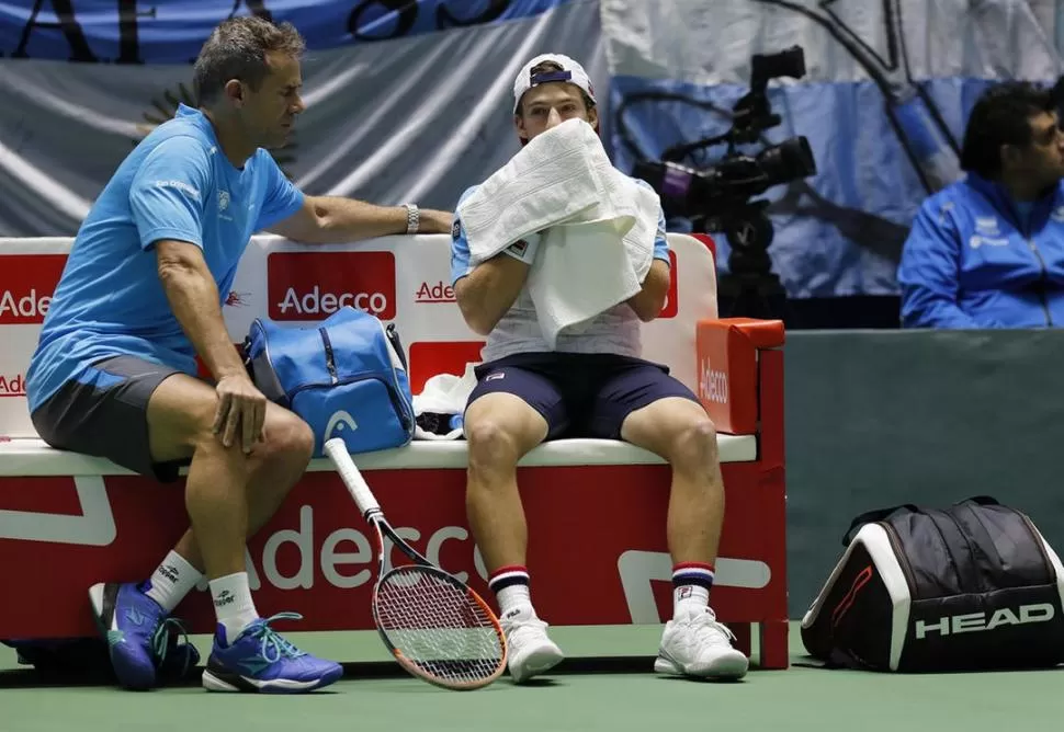 NO LO PUEDEN CREER. El capitán Daniel Orsanic y una de las figuras, Diego Schwartzman lamentan el descenso de Argentina del grupo Mundial de la Copa Davis. telam