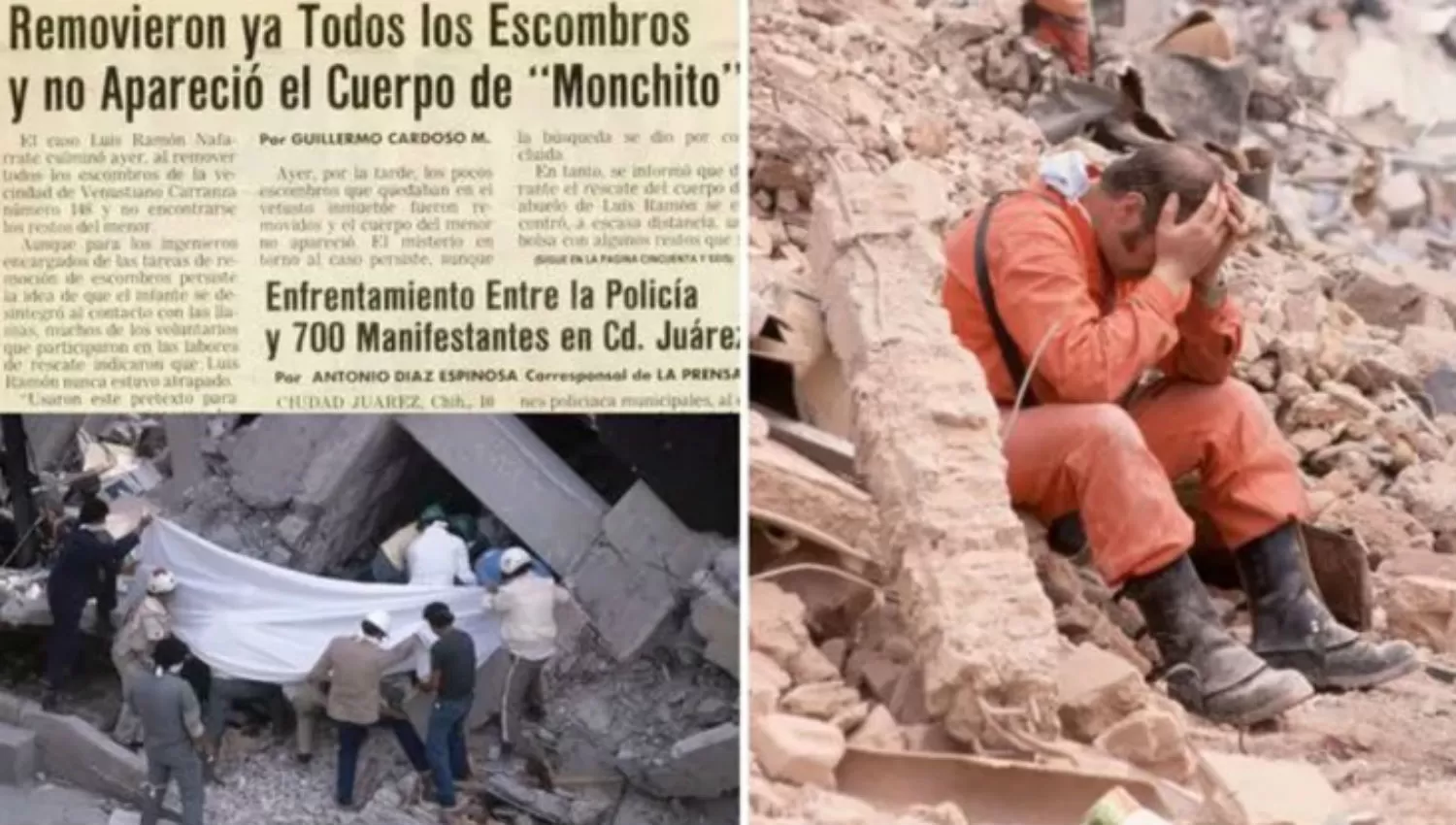 FALSA NOTICIA. Tanto en el sismo de ese año como en el del pasado 19 de septiembre, los rescatistas aseguraron haber escuchado a dos niños entre los escombros. Monchito nunca apareció. Frida, en tanto, nunca existió.